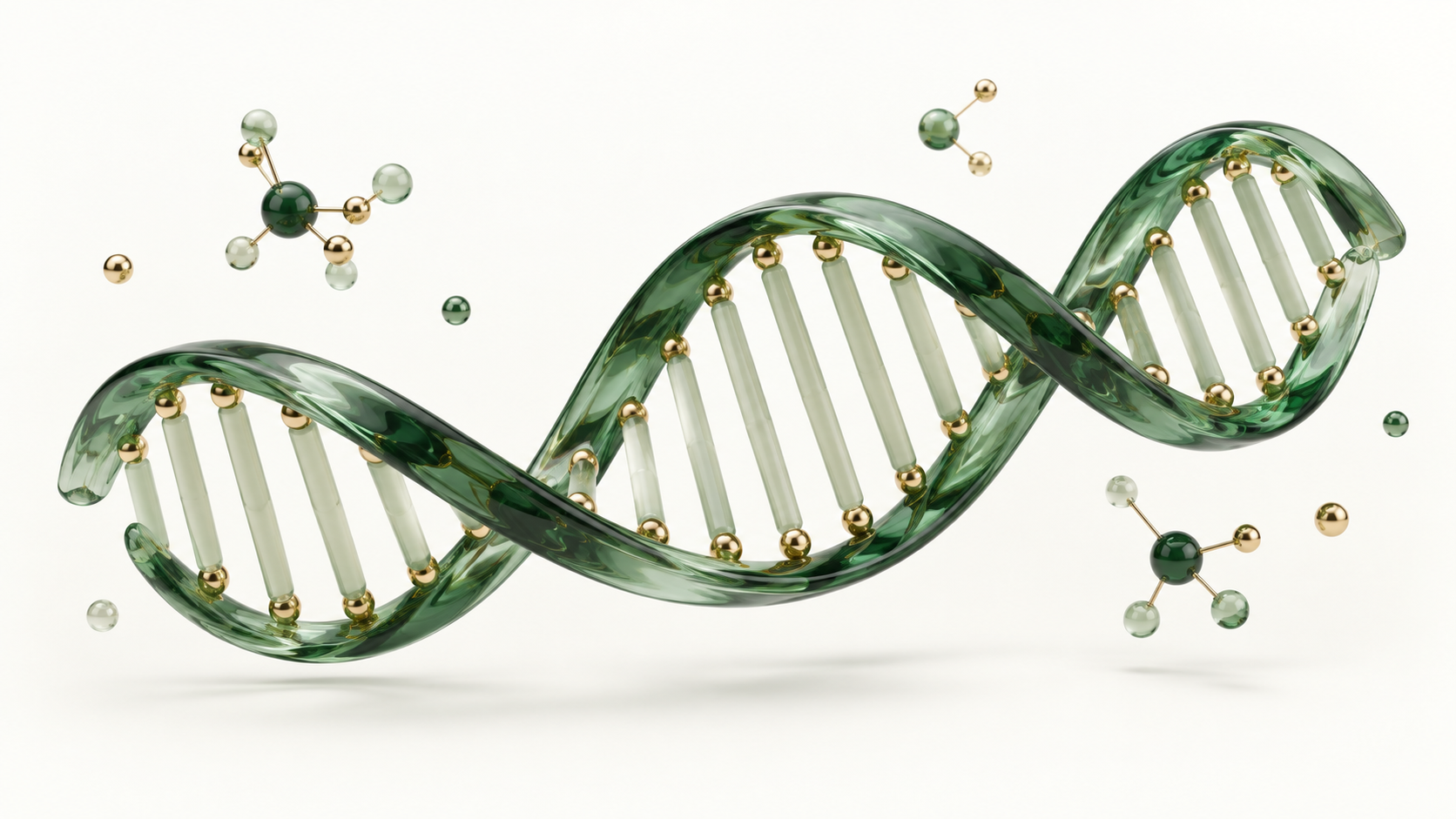 Sculptural green glass DNA helix with molecular forms
